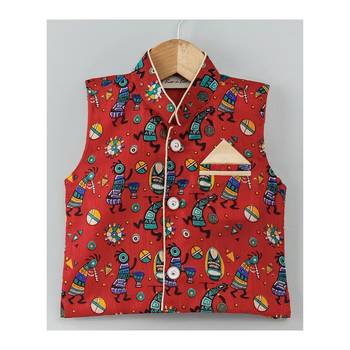 Tribal Print Stand Collar Waistcoat Red 1