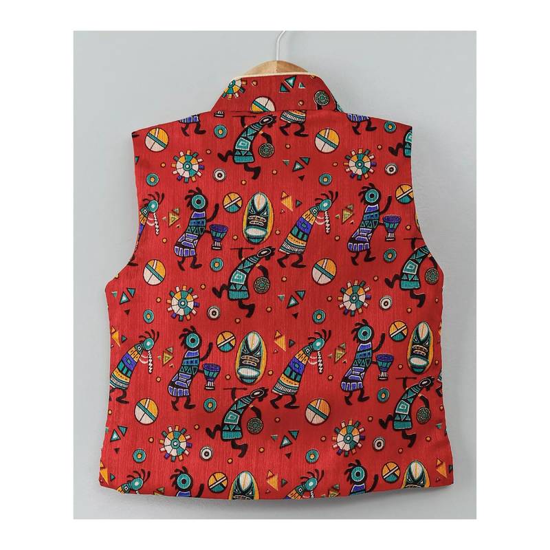 Tribal Print Stand Collar Waistcoat Red