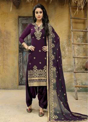 Dark-purple embroidered faux georgette salwar with dupatta 1
