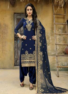 Navy-blue embroidered faux georgette salwar with dupatta 1