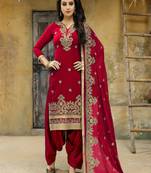 Red embroidered faux georgette salwar with dupatta