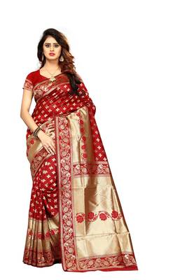 Red woven cotton silk saree with blouse 1