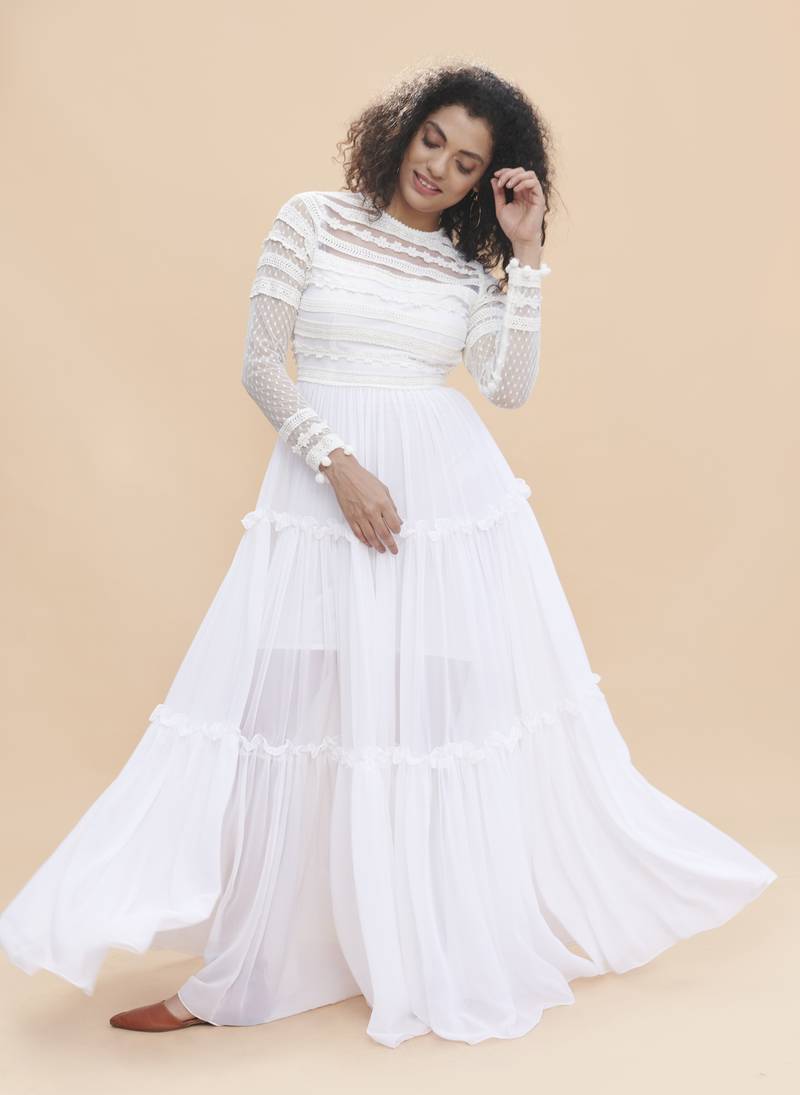 Khwaab White Lace Yoke Sheer Dress