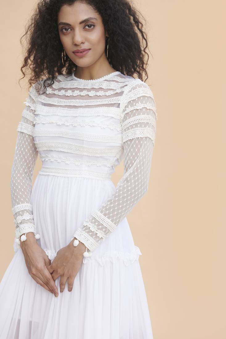 Khwaab White Lace Yoke Sheer Dress