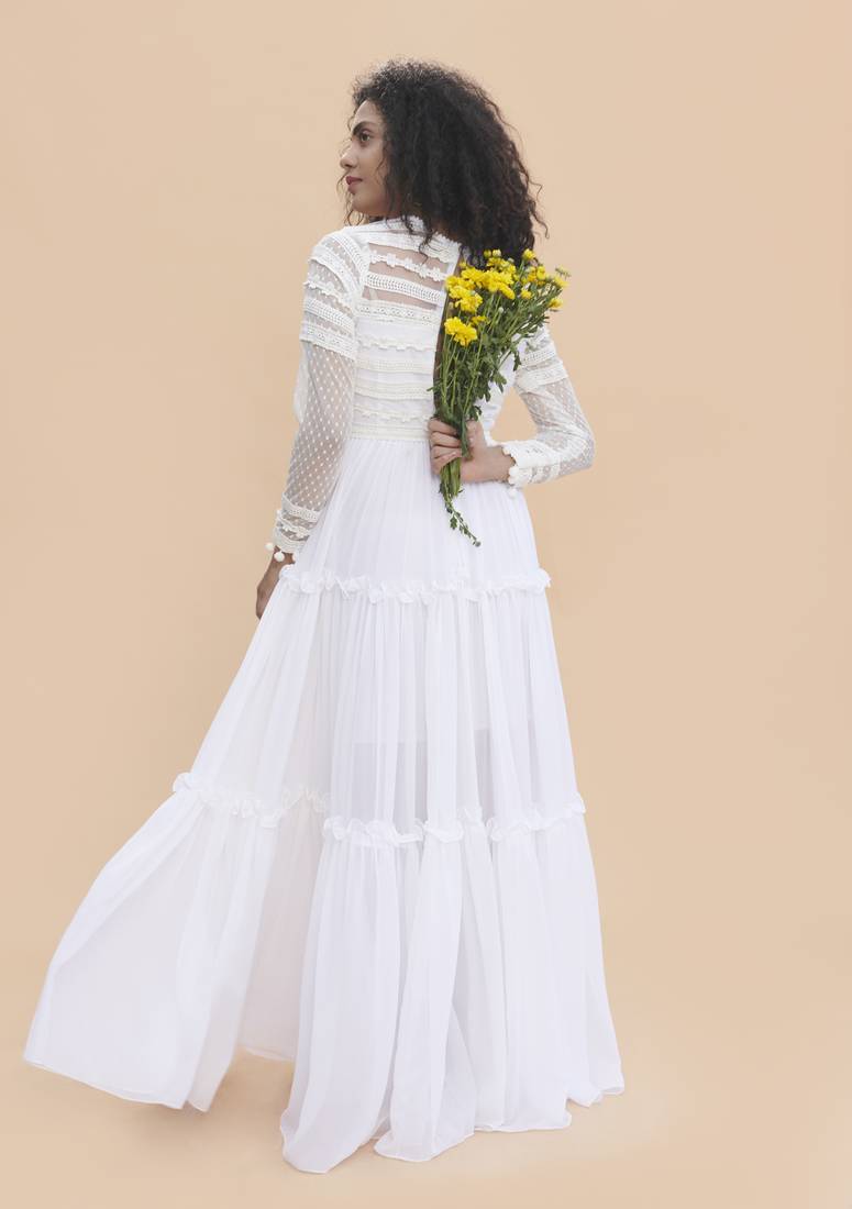 Khwaab White Lace Yoke Sheer Dress