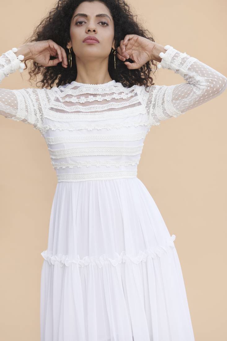 Khwaab White Lace Yoke Sheer Dress