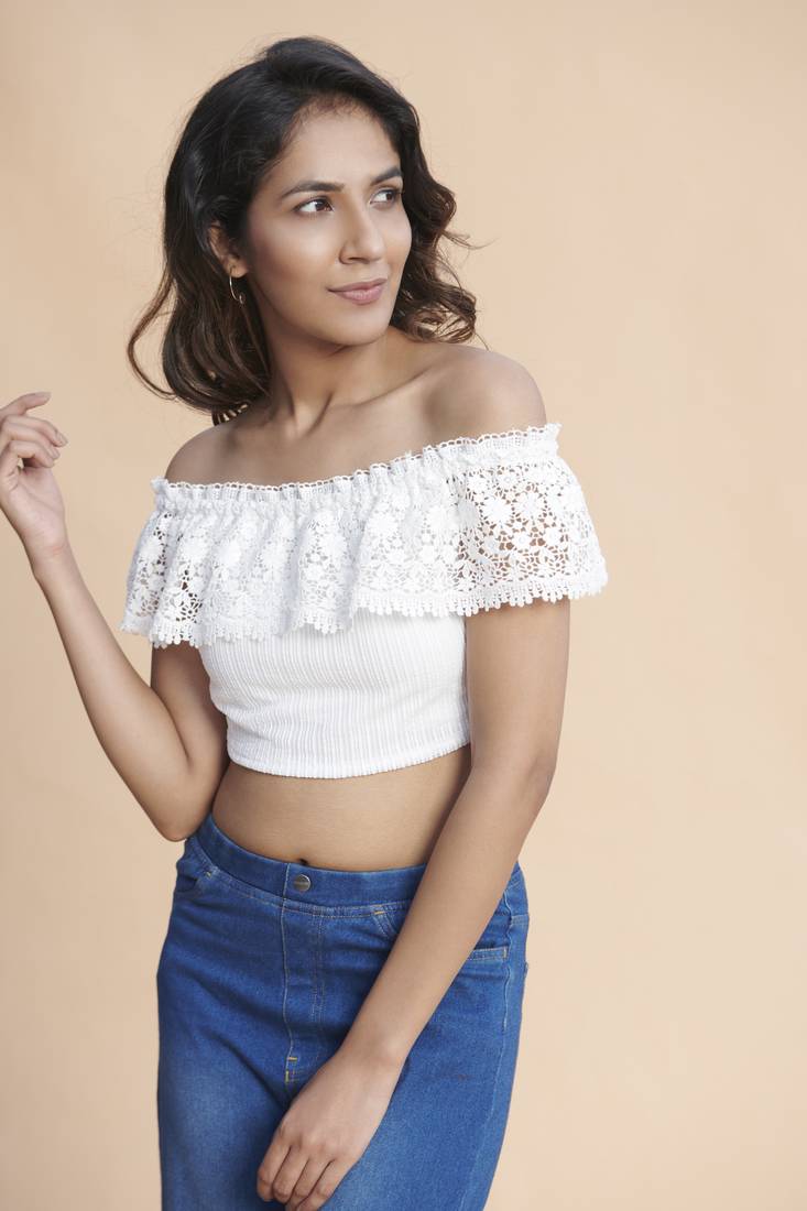 Khwaab White Off Shoulder Lace Crop Top