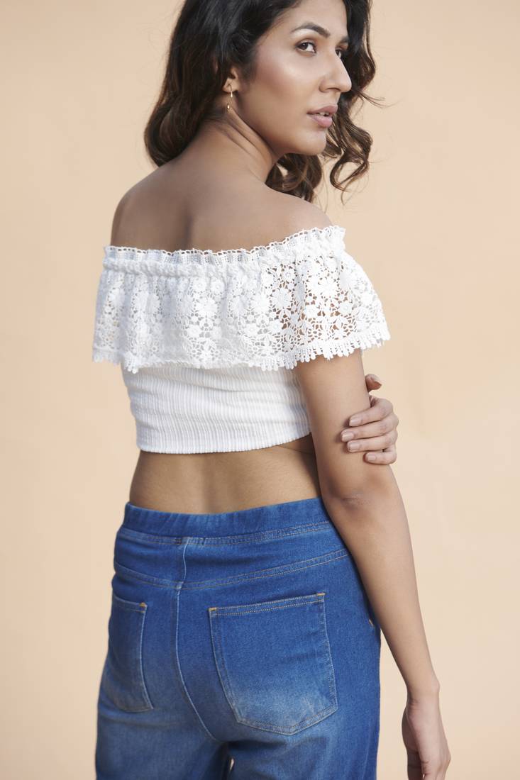Khwaab White Off Shoulder Lace Crop Top