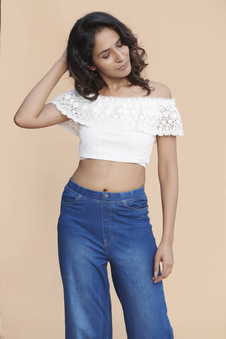Khwaab White Off Shoulder Lace Crop Top