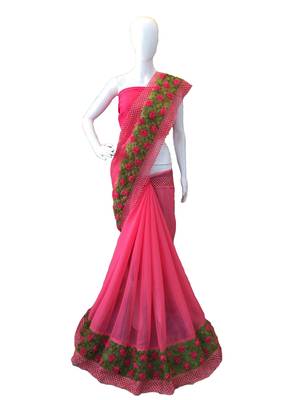 Pink Ribbon Flower Chiffon Saree With Blouse 1