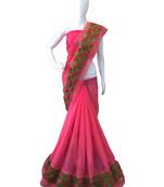 Pink Ribbon Flower Chiffon Saree With Blouse