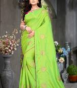 Parrot Green Embroidered Silk Saree With Blouse