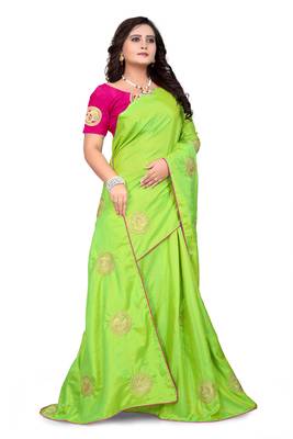 Parrot Green Embroidered Silk Saree With Blouse 3