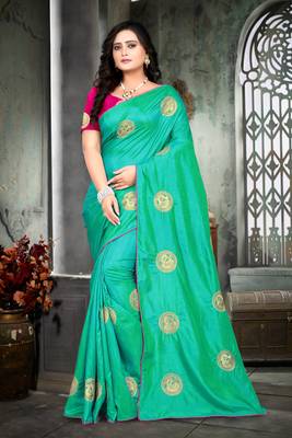 Turquoise Embroidered Silk Saree With Blouse 1