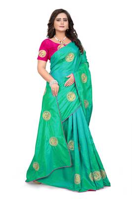 Turquoise Embroidered Silk Saree With Blouse 3