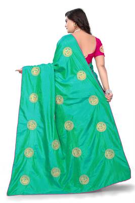 Turquoise Embroidered Silk Saree With Blouse 5