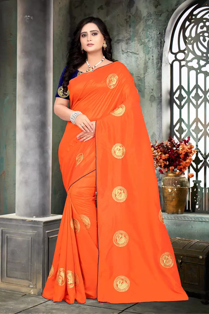 Orange Embroidered Silk Saree With Blouse