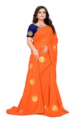 Orange Embroidered Silk Saree With Blouse 3