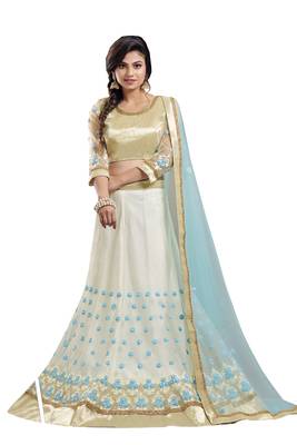 White embroidered
 net semi stitched lehenga with dupatta 1
