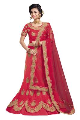 Red embroidered
 satin semi stitched lehenga with dupatta 1