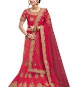 Red embroidered
 satin semi stitched lehenga with dupatta