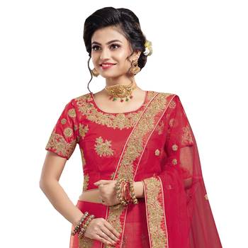 Red embroidered
 satin semi stitched lehenga with dupatta 2