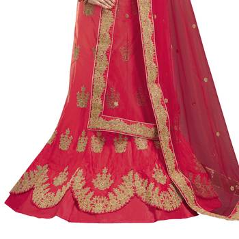 Red embroidered
 satin semi stitched lehenga with dupatta 3