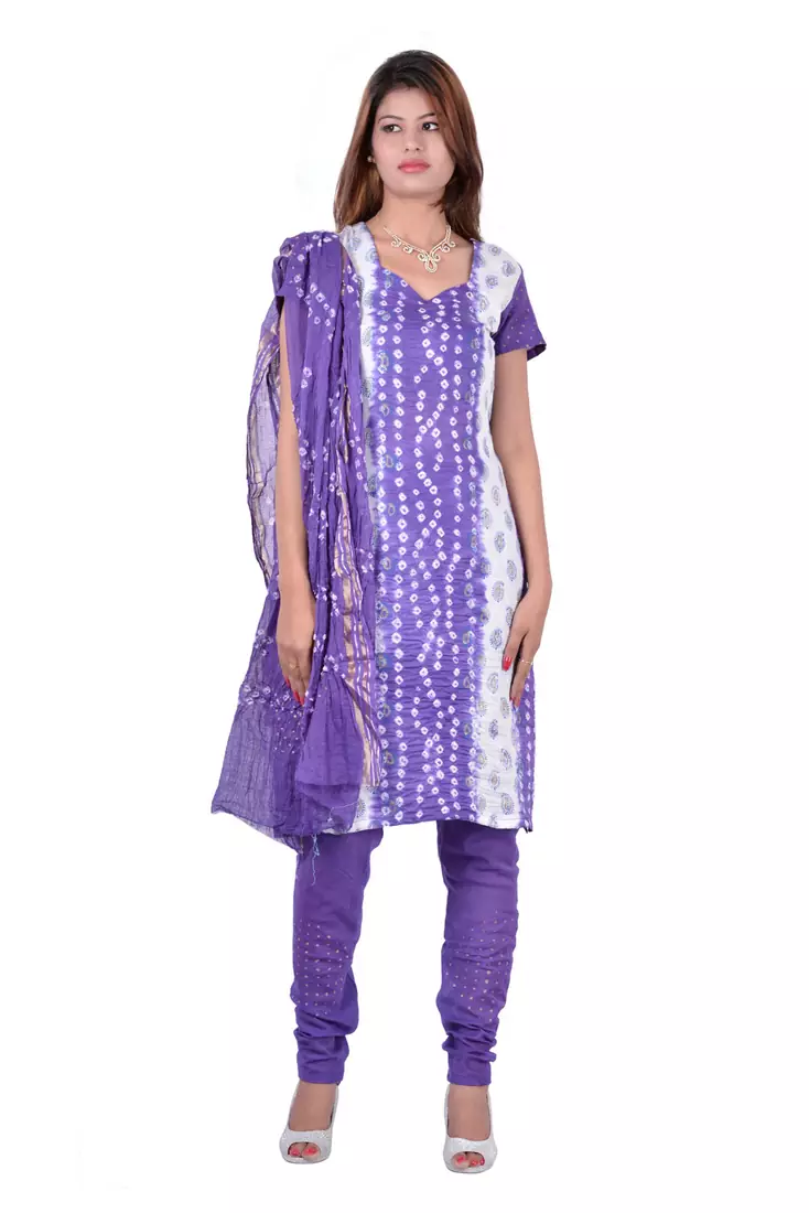Purple printed Cotton unstitched salwar with dupatta