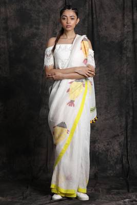 White Hand Woven Linen Saree With Blouse 1