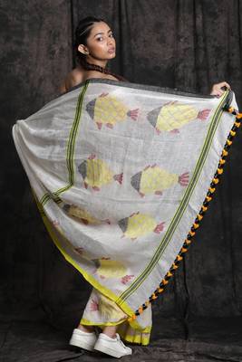 White Hand Woven Linen Saree With Blouse 2