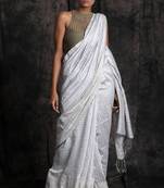 White Hand Woven Matka Silk Saree With Blouse
