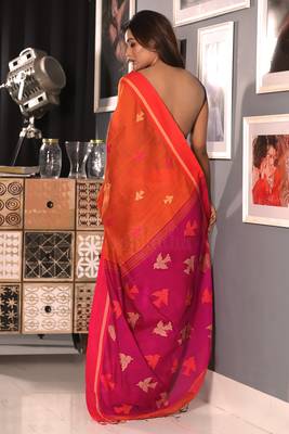 Orange Hand Woven Blended Cotton Saree With Blouse 2