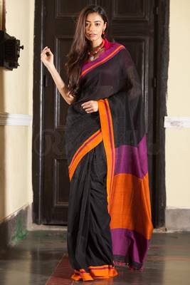 Black Hand Woven Cotton Saree With Blouse 1