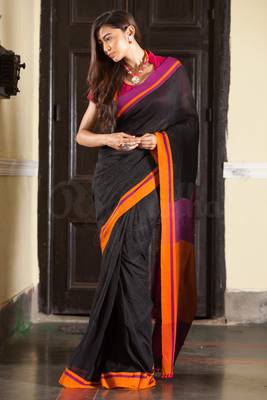 Black Hand Woven Cotton Saree With Blouse 3