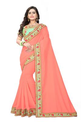 Peach embroidered faux silk saree with blouse 1