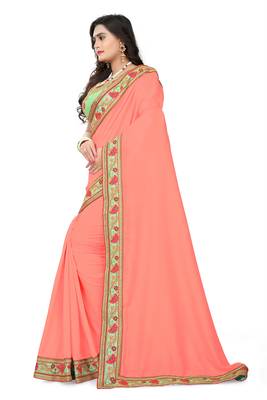 Peach embroidered faux silk saree with blouse 2