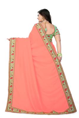 Peach embroidered faux silk saree with blouse 3