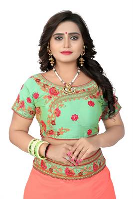 Peach embroidered faux silk saree with blouse 4