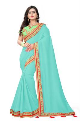 Aqua blue embroidered faux silk saree with blouse 1