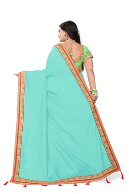 Aqua blue embroidered faux silk saree with blouse 2