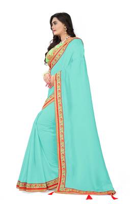 Aqua blue embroidered faux silk saree with blouse 3