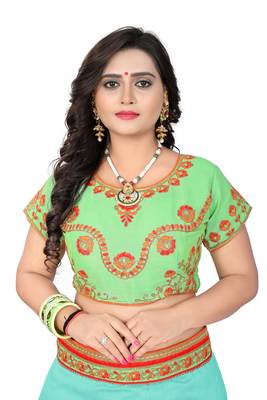 Aqua blue embroidered faux silk saree with blouse 4