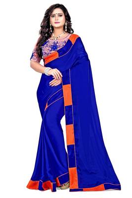 Dark blue plain faux silk saree with blouse 1