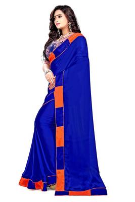 Dark blue plain faux silk saree with blouse 2