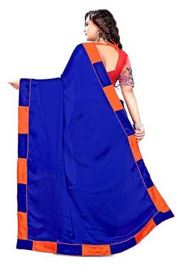 Dark blue plain faux silk saree with blouse 3