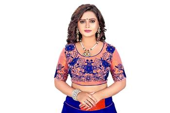 Dark blue plain faux silk saree with blouse 4