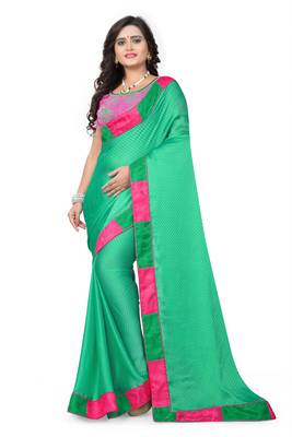 Light parrot green plain faux silk saree with blouse 1