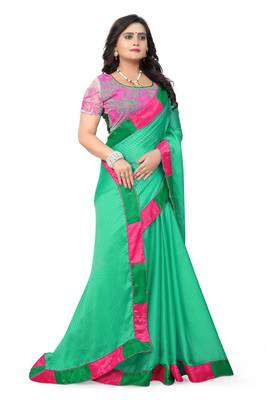 Light parrot green plain faux silk saree with blouse 2