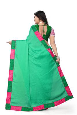 Light parrot green plain faux silk saree with blouse 4