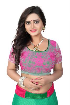 Light parrot green plain faux silk saree with blouse 5
